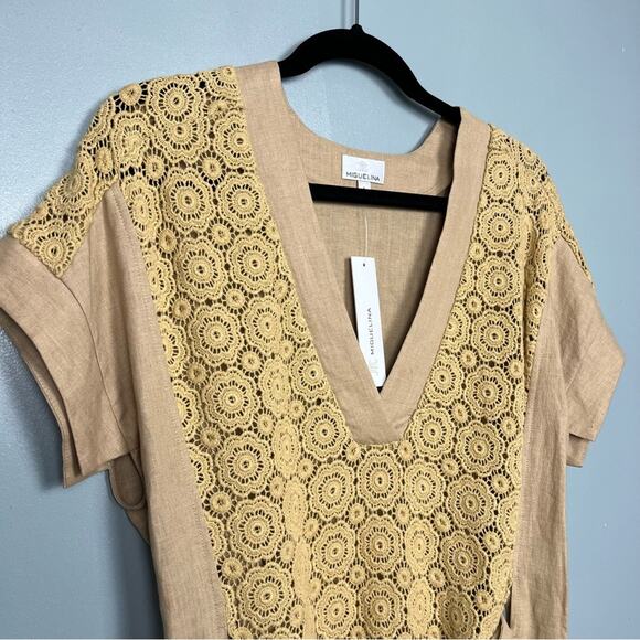 NWT Miguelina Regina Sample Linen Crochet Lace Blouse Waist Tie Camel Tan Size S - Picture 3 of 9